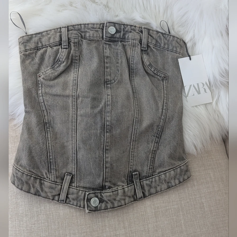 NWT Zara Corset Style Denim Top Jean Strapless Back Zip Size S - Picture 8 of 10